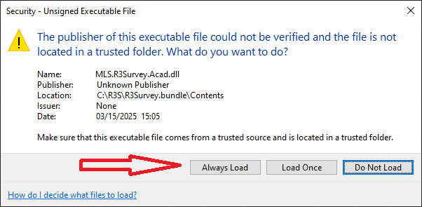 AutoCAD security dialog — click Always Load