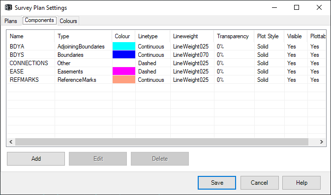 Survey Plan Settings — Components tab